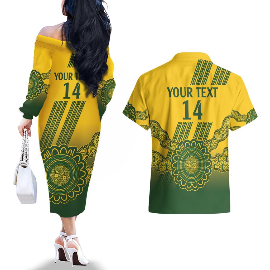 Custom Australia Matildas Couples Matching Off The Shoulder Long Sleeve Dress and Hawaiian Shirt Aussie Aboriginal Gold Version