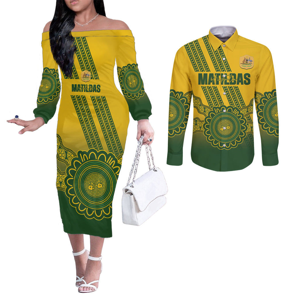 Custom Australia Matildas Couples Matching Off The Shoulder Long Sleeve Dress and Long Sleeve Button Shirt Aussie Aboriginal Gold Version