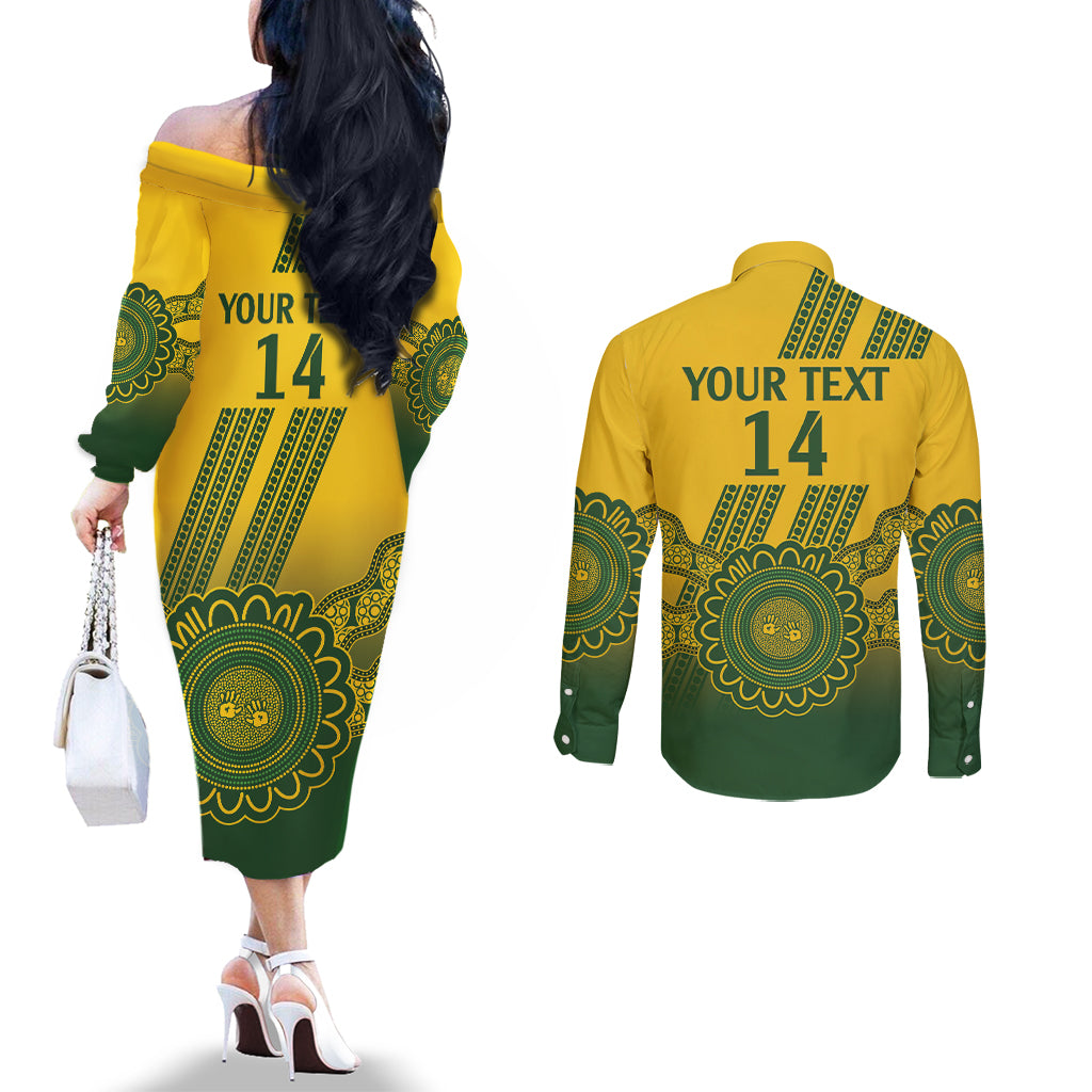 Custom Australia Matildas Couples Matching Off The Shoulder Long Sleeve Dress and Long Sleeve Button Shirt Aussie Aboriginal Gold Version