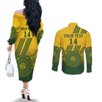 Custom Australia Matildas Couples Matching Off The Shoulder Long Sleeve Dress and Long Sleeve Button Shirt Aussie Aboriginal Gold Version