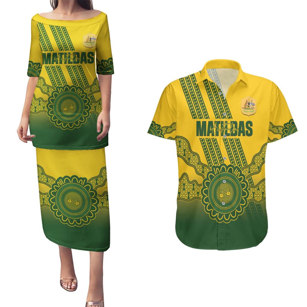 Custom Australia Matildas Couples Matching Puletasi and Hawaiian Shirt Aussie Aboriginal Gold Version