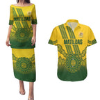 Custom Australia Matildas Couples Matching Puletasi and Hawaiian Shirt Aussie Aboriginal Gold Version