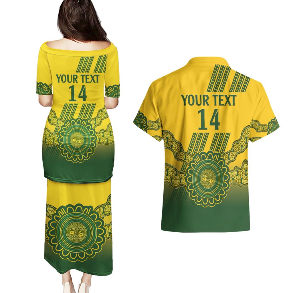 Custom Australia Matildas Couples Matching Puletasi and Hawaiian Shirt Aussie Aboriginal Gold Version
