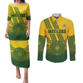 Custom Australia Matildas Couples Matching Puletasi and Long Sleeve Button Shirt Aussie Aboriginal Gold Version