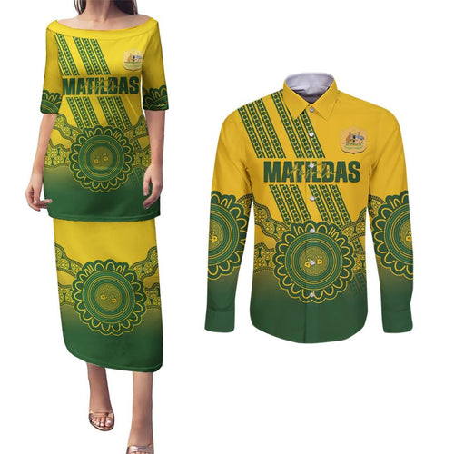 Custom Australia Matildas Couples Matching Puletasi and Long Sleeve Button Shirt Aussie Aboriginal Gold Version