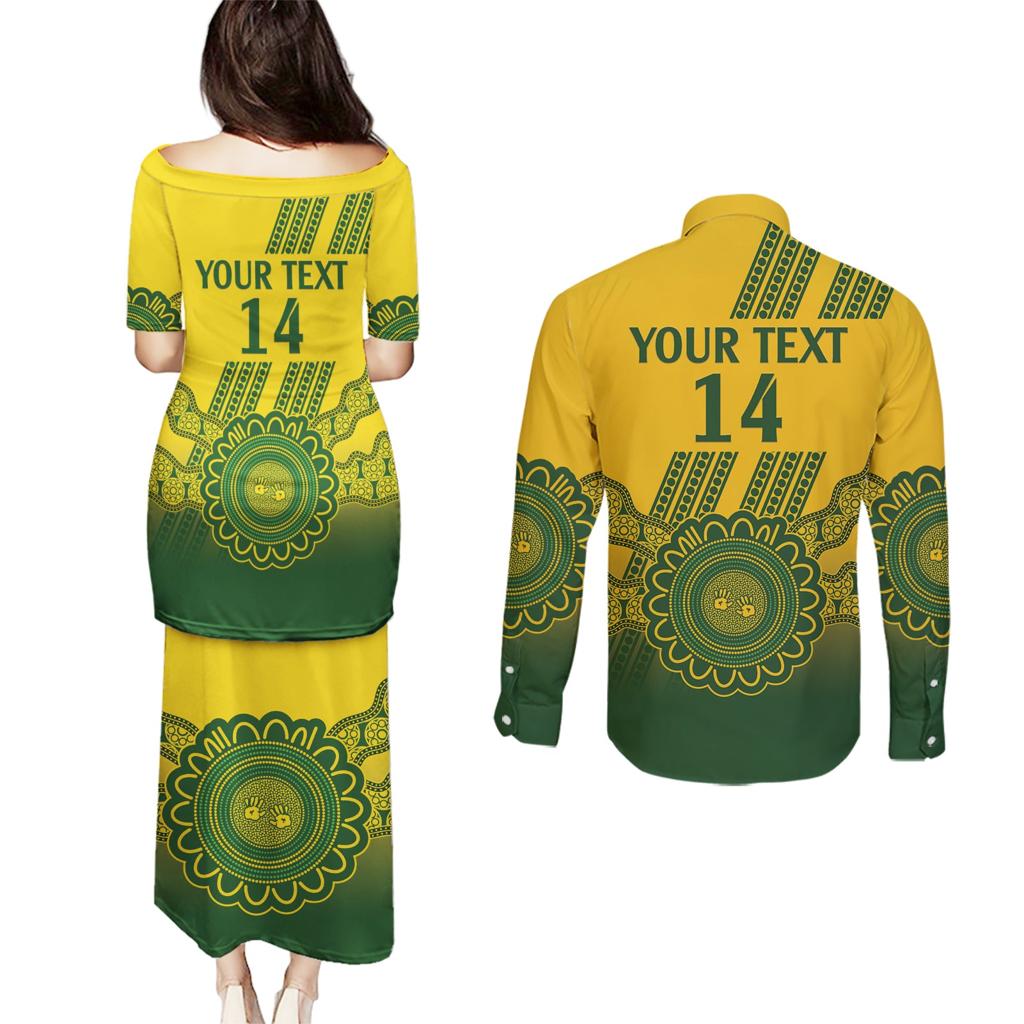 Custom Australia Matildas Couples Matching Puletasi and Long Sleeve Button Shirt Aussie Aboriginal Gold Version