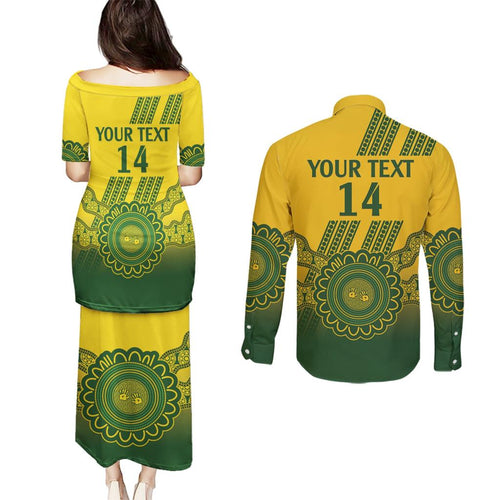 Custom Australia Matildas Couples Matching Puletasi and Long Sleeve Button Shirt Aussie Aboriginal Gold Version