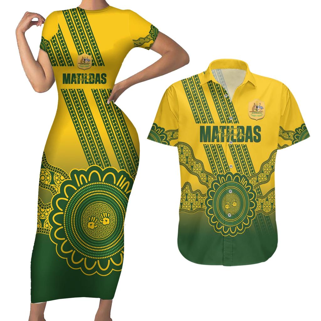 Custom Australia Matildas Couples Matching Short Sleeve Bodycon Dress and Hawaiian Shirt Aussie Aboriginal Gold Version