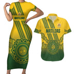 Custom Australia Matildas Couples Matching Short Sleeve Bodycon Dress and Hawaiian Shirt Aussie Aboriginal Gold Version