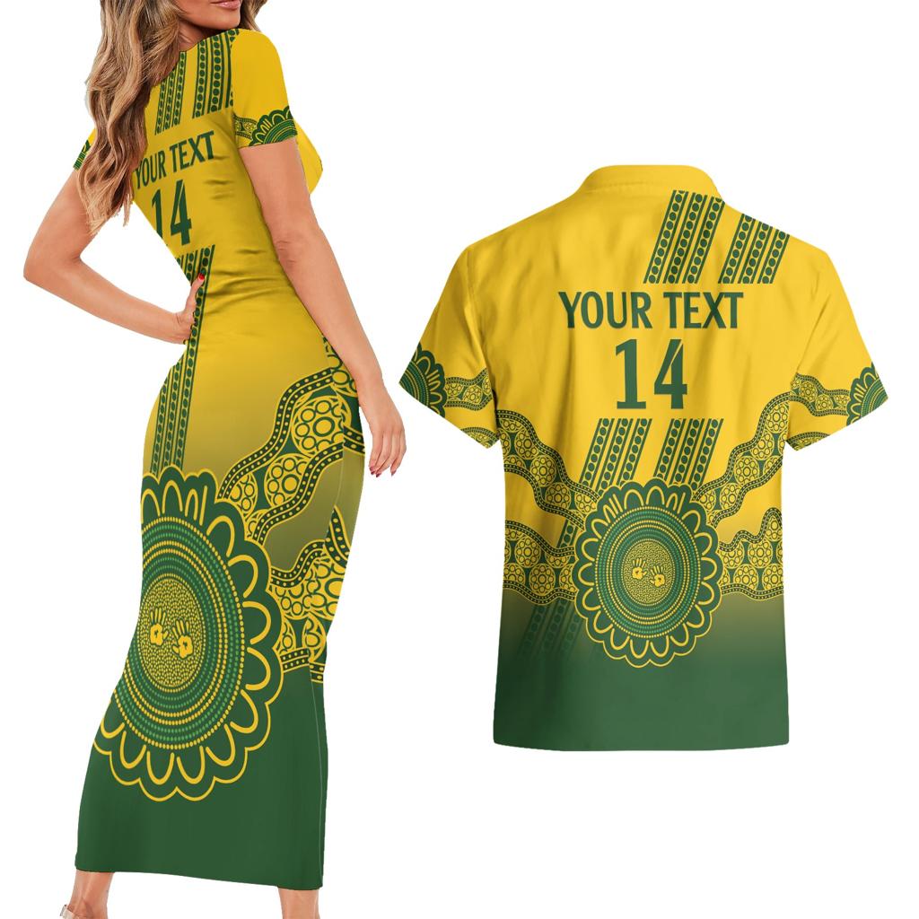 Custom Australia Matildas Couples Matching Short Sleeve Bodycon Dress and Hawaiian Shirt Aussie Aboriginal Gold Version