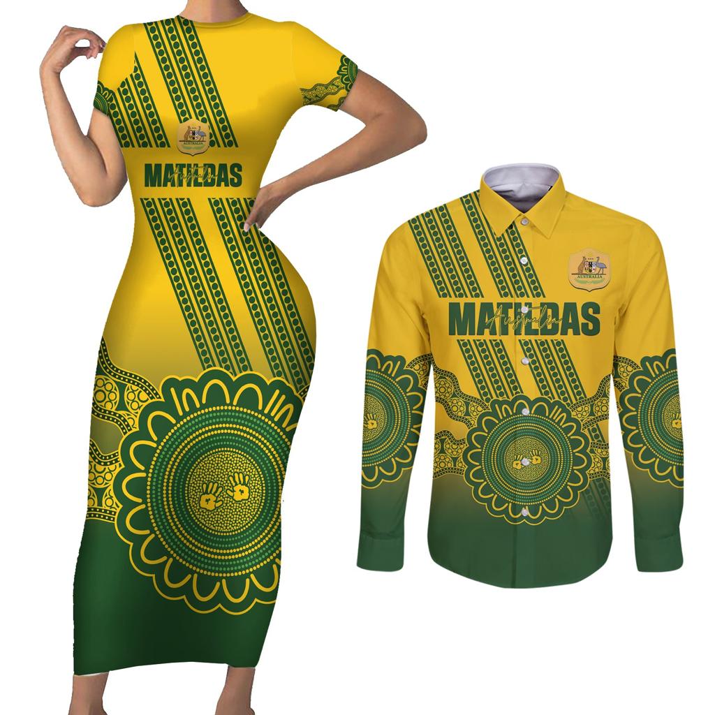Custom Australia Matildas Couples Matching Short Sleeve Bodycon Dress and Long Sleeve Button Shirt Aussie Aboriginal Gold Version