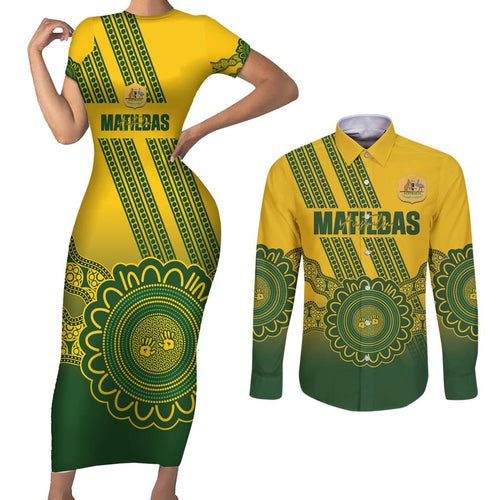 Custom Australia Matildas Couples Matching Short Sleeve Bodycon Dress and Long Sleeve Button Shirt Aussie Aboriginal Gold Version