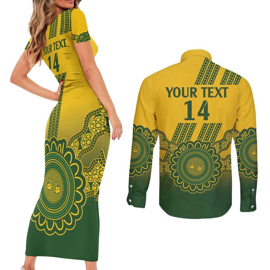 Custom Australia Matildas Couples Matching Short Sleeve Bodycon Dress and Long Sleeve Button Shirt Aussie Aboriginal Gold Version