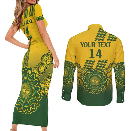 Custom Australia Matildas Couples Matching Short Sleeve Bodycon Dress and Long Sleeve Button Shirt Aussie Aboriginal Gold Version