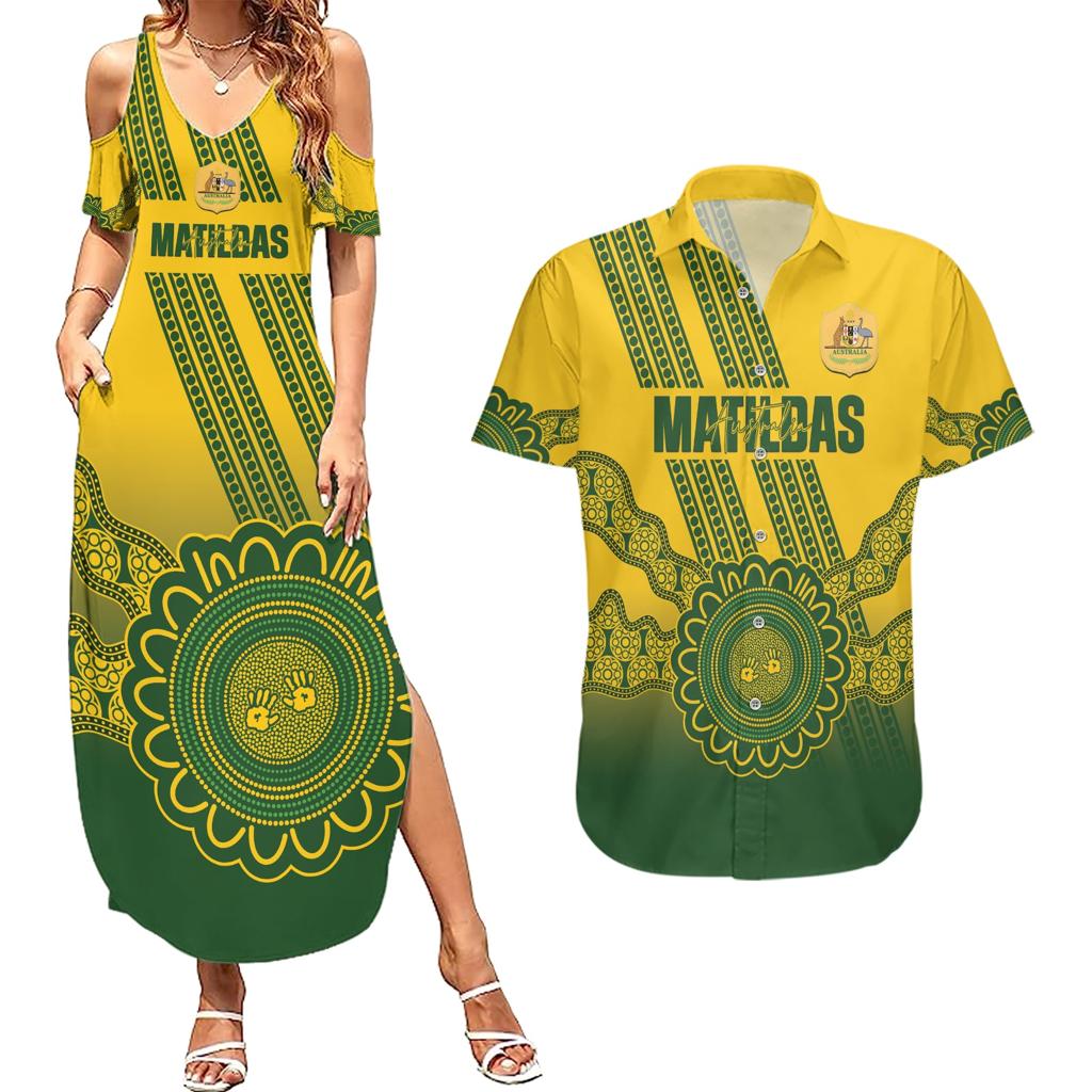 Custom Australia Matildas Couples Matching Summer Maxi Dress and Hawaiian Shirt Aussie Aboriginal Gold Version