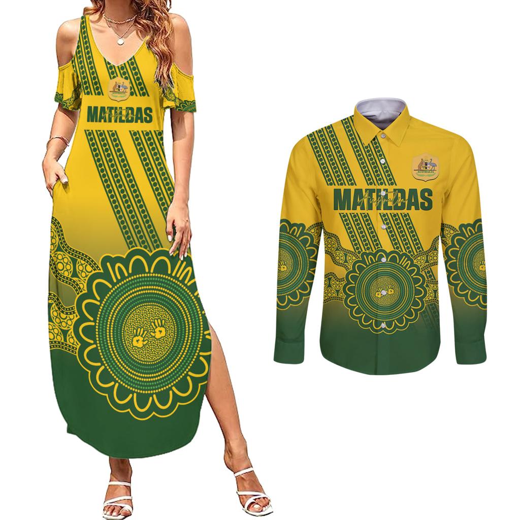 Custom Australia Matildas Couples Matching Summer Maxi Dress and Long Sleeve Button Shirt Aussie Aboriginal Gold Version