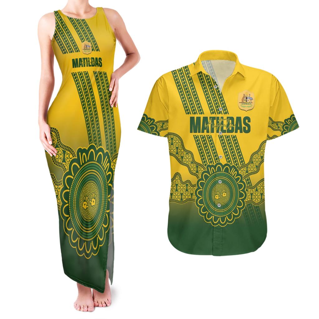 Custom Australia Matildas Couples Matching Tank Maxi Dress and Hawaiian Shirt Aussie Aboriginal Gold Version