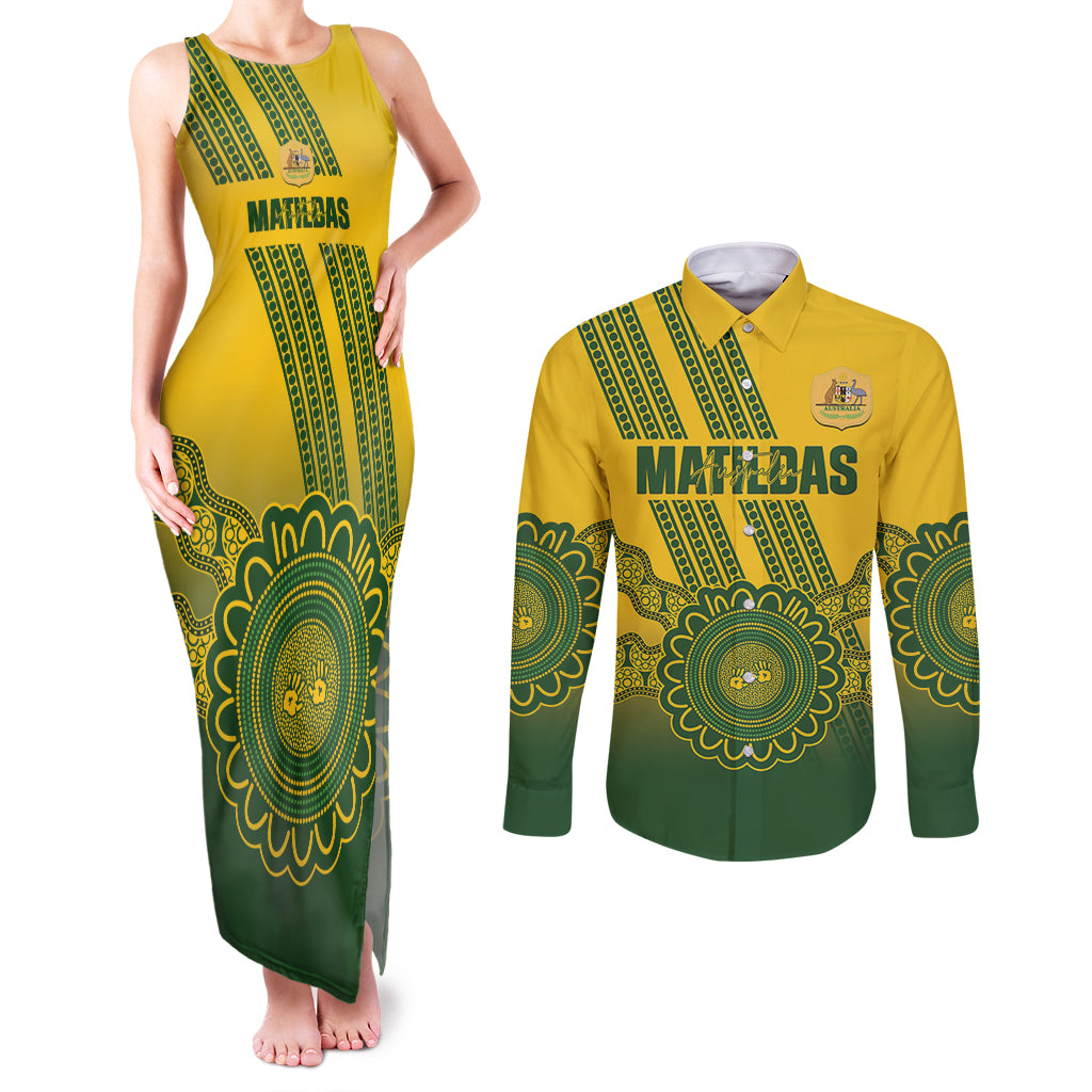 Custom Australia Matildas Couples Matching Tank Maxi Dress and Long Sleeve Button Shirt Aussie Aboriginal Gold Version