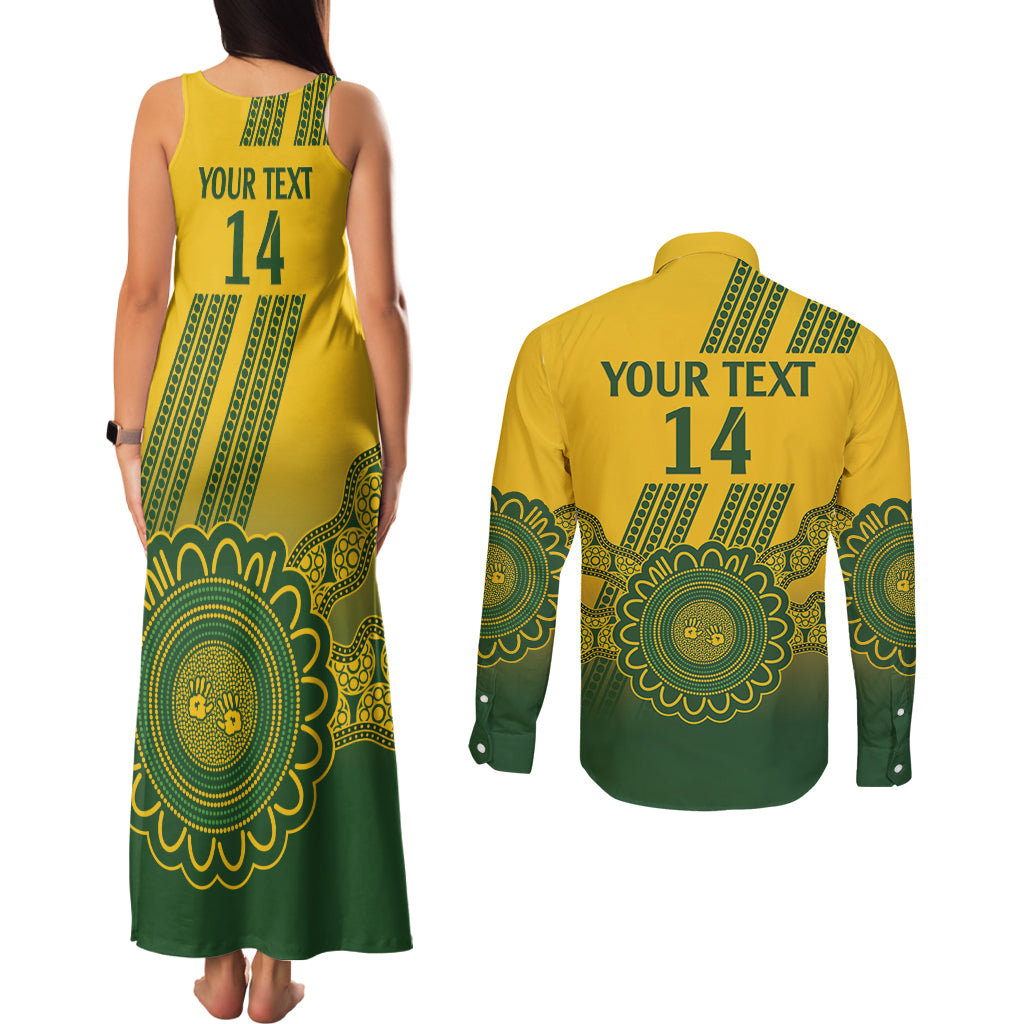 Custom Australia Matildas Couples Matching Tank Maxi Dress and Long Sleeve Button Shirt Aussie Aboriginal Gold Version