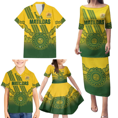 Custom Australia Matildas Family Matching Puletasi and Hawaiian Shirt Aussie Aboriginal Gold Version