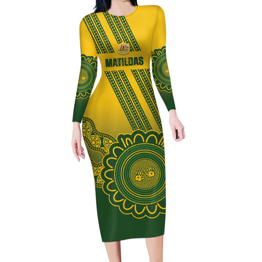 Custom Australia Matildas Long Sleeve Bodycon Dress Aussie Aboriginal Gold Version