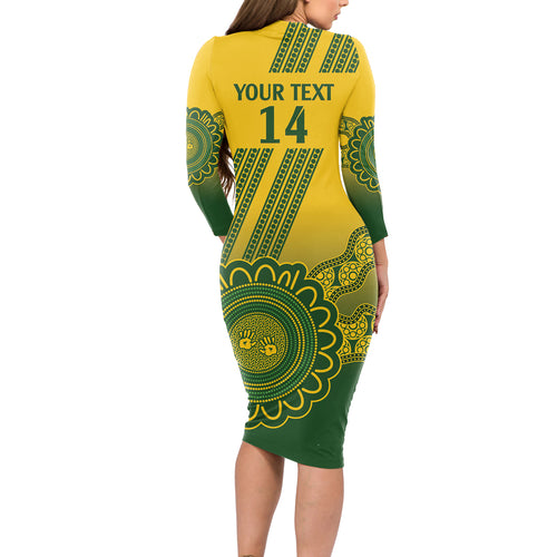 Custom Australia Matildas Long Sleeve Bodycon Dress Aussie Aboriginal Gold Version
