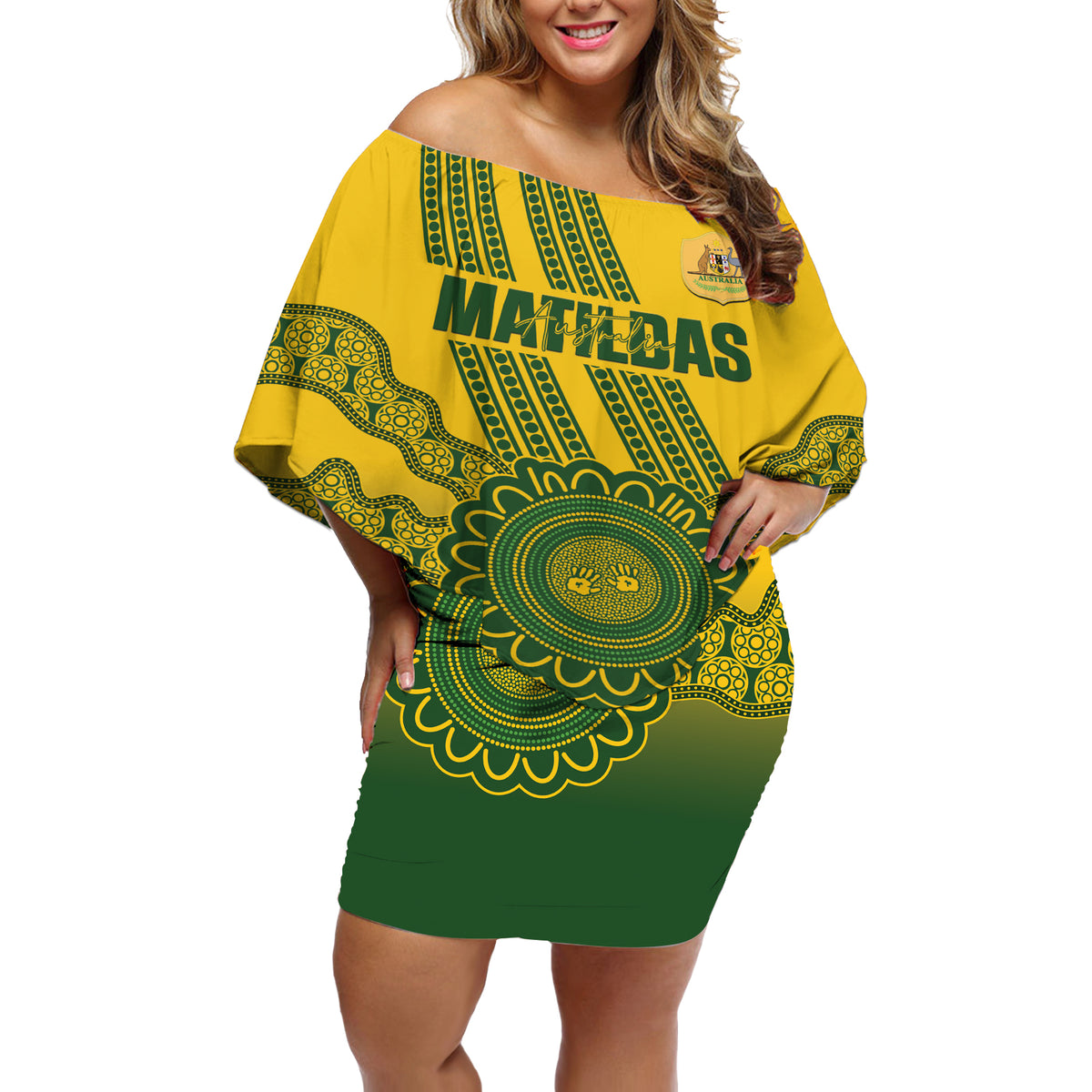 Custom Australia Matildas Off Shoulder Short Dress Aussie Aboriginal Gold Version