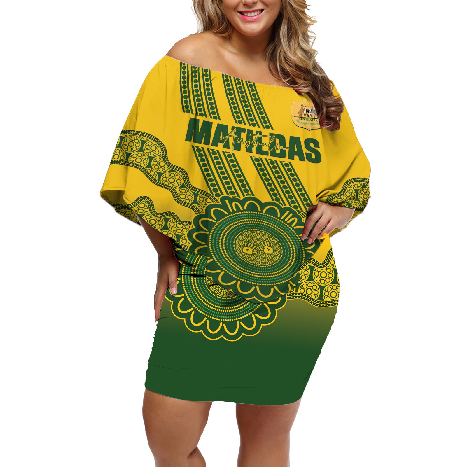 Custom Australia Matildas Off Shoulder Short Dress Aussie Aboriginal Gold Version