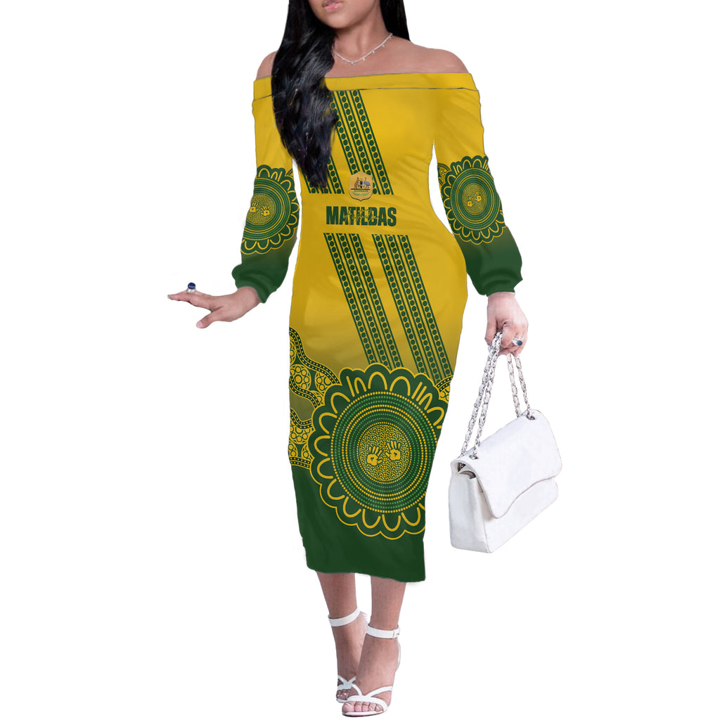 Custom Australia Matildas Off The Shoulder Long Sleeve Dress Aussie Aboriginal Gold Version