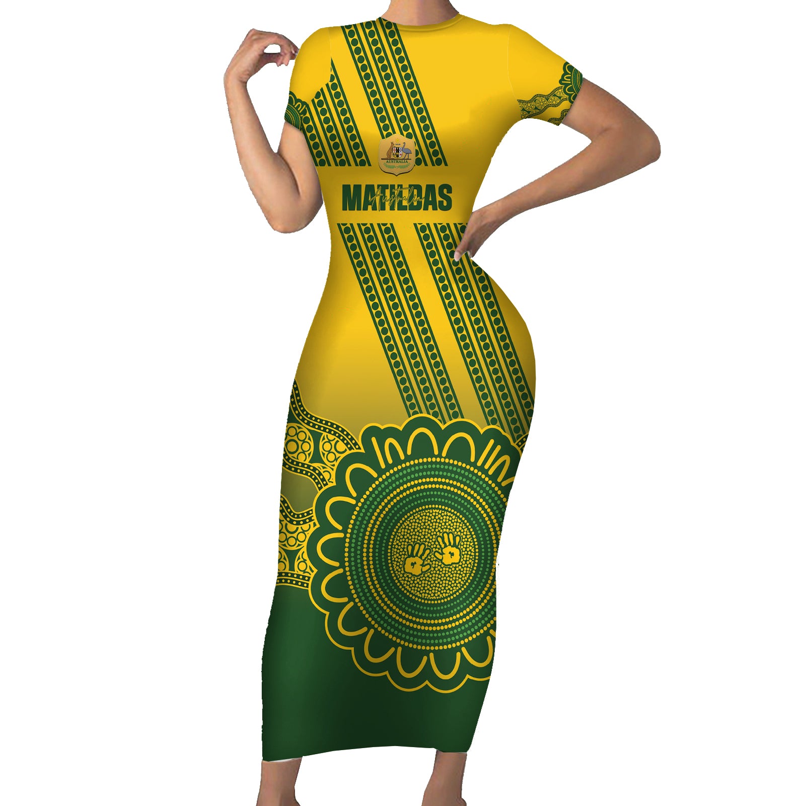 Custom Australia Matildas Short Sleeve Bodycon Dress Aussie Aboriginal Gold Version