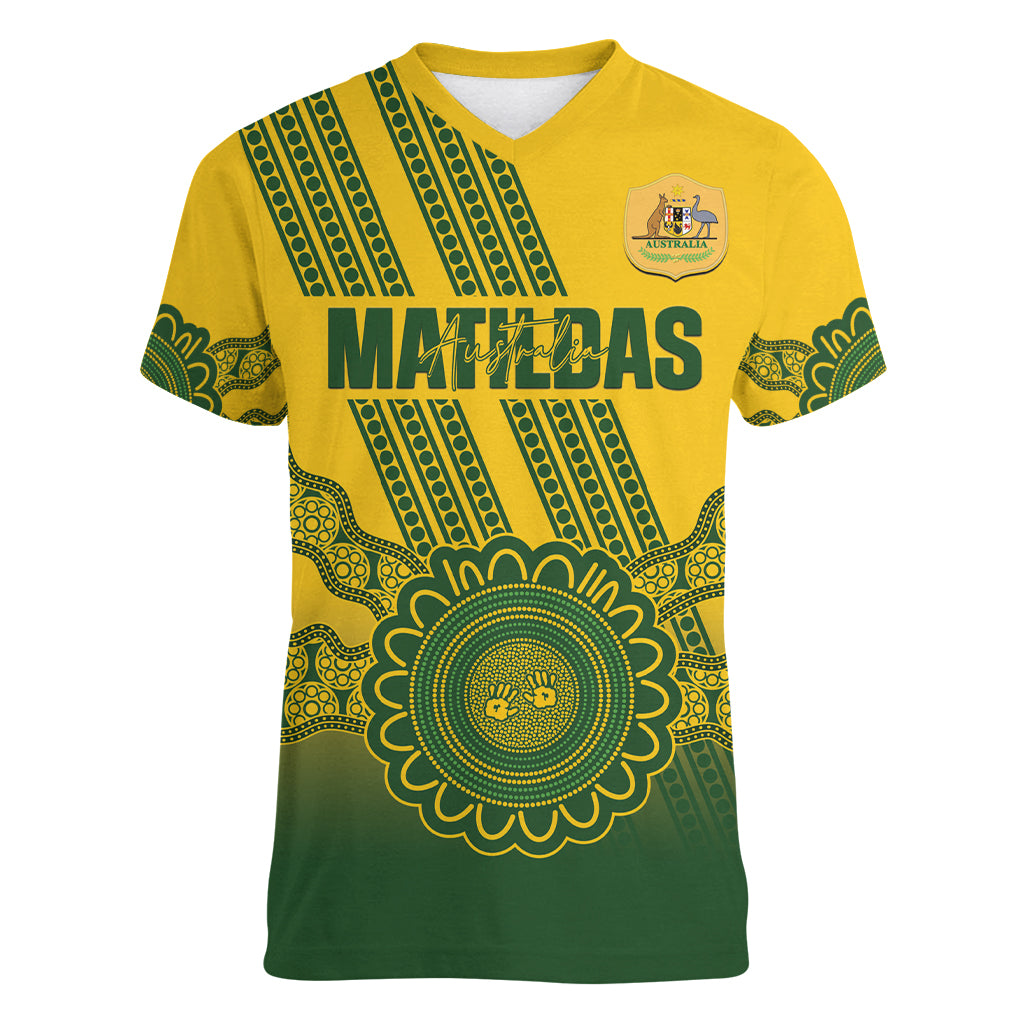 Custom Australia Matildas Women V-Neck T-Shirt Aussie Aboriginal Gold Version