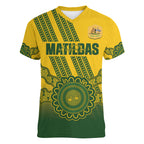 Custom Australia Matildas Women V-Neck T-Shirt Aussie Aboriginal Gold Version