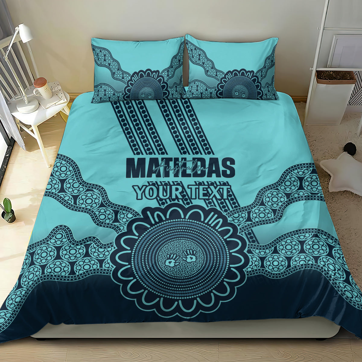 Custom Australia Matildas Bedding Set Aussie Aboriginal Turquoise Version