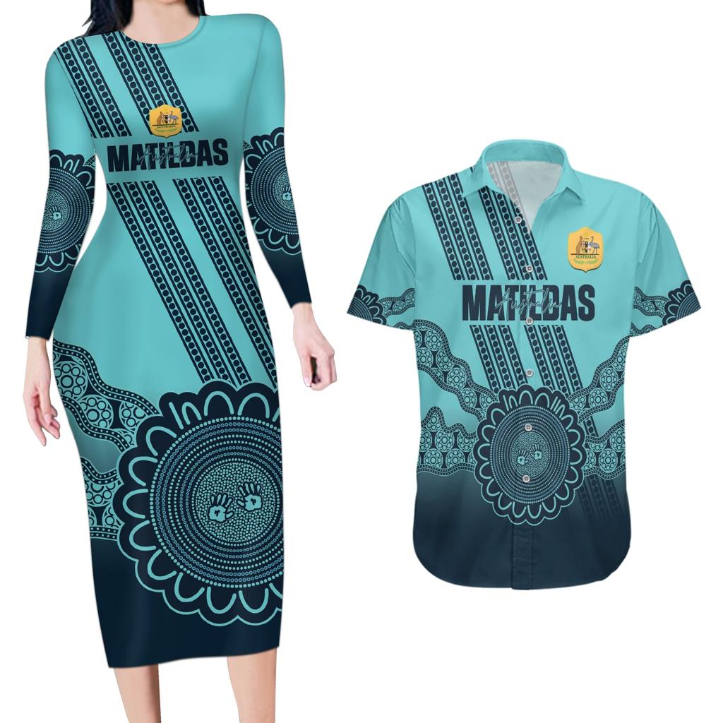 Custom Australia Matildas Couples Matching Long Sleeve Bodycon Dress and Hawaiian Shirt Aussie Aboriginal Turquoise Version
