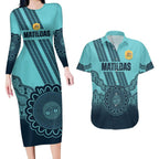 Custom Australia Matildas Couples Matching Long Sleeve Bodycon Dress and Hawaiian Shirt Aussie Aboriginal Turquoise Version