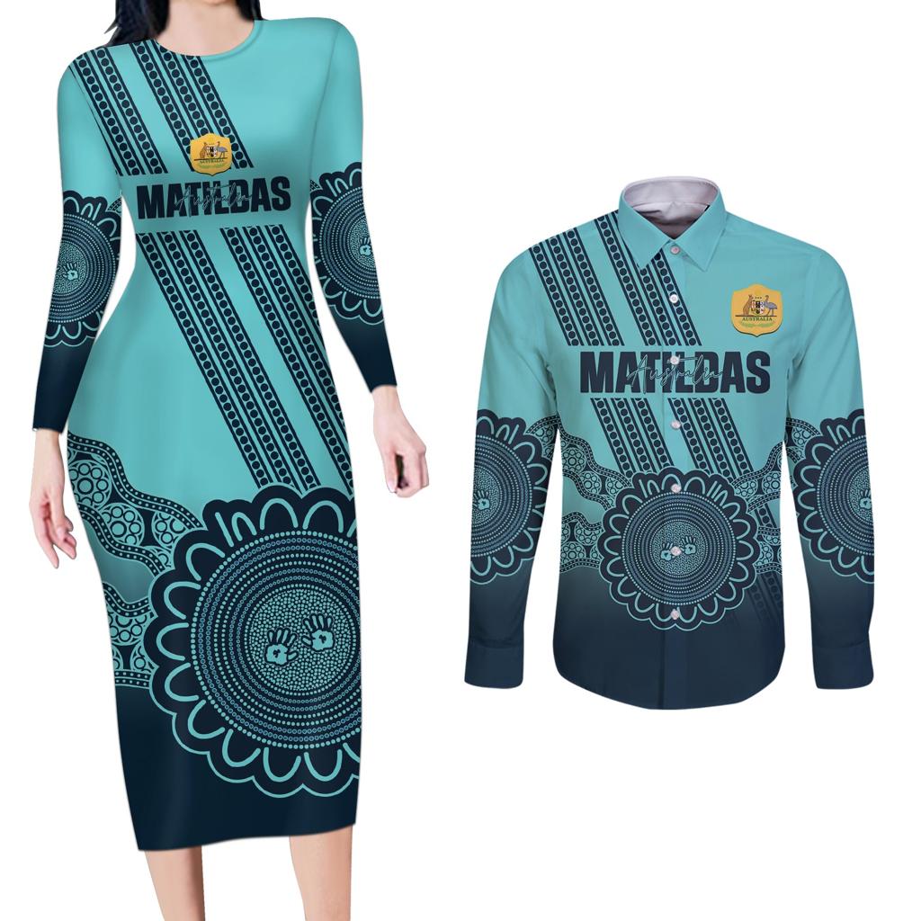 Custom Australia Matildas Couples Matching Long Sleeve Bodycon Dress and Long Sleeve Button Shirt Aussie Aboriginal Turquoise Version