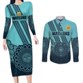 Custom Australia Matildas Couples Matching Long Sleeve Bodycon Dress and Long Sleeve Button Shirt Aussie Aboriginal Turquoise Version