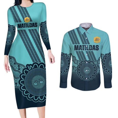 Custom Australia Matildas Couples Matching Long Sleeve Bodycon Dress and Long Sleeve Button Shirt Aussie Aboriginal Turquoise Version