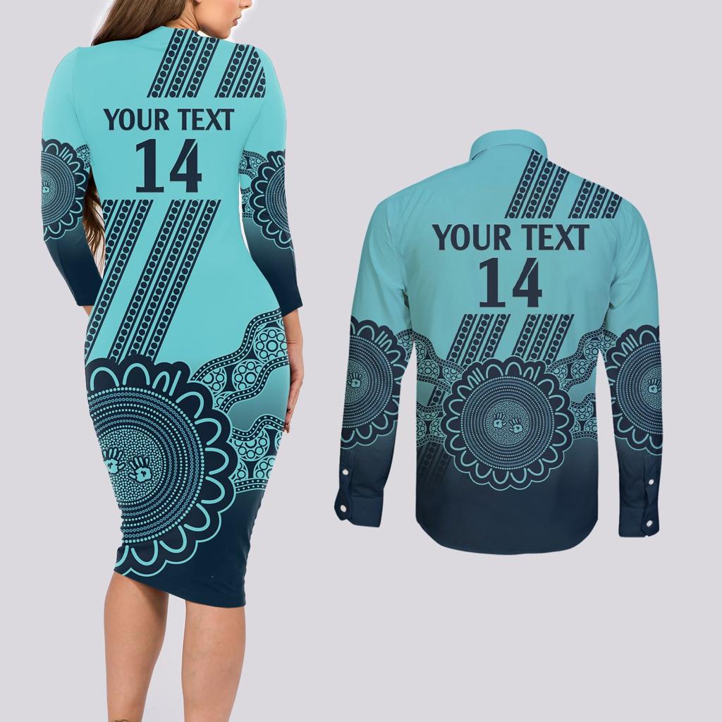 Custom Australia Matildas Couples Matching Long Sleeve Bodycon Dress and Long Sleeve Button Shirt Aussie Aboriginal Turquoise Version