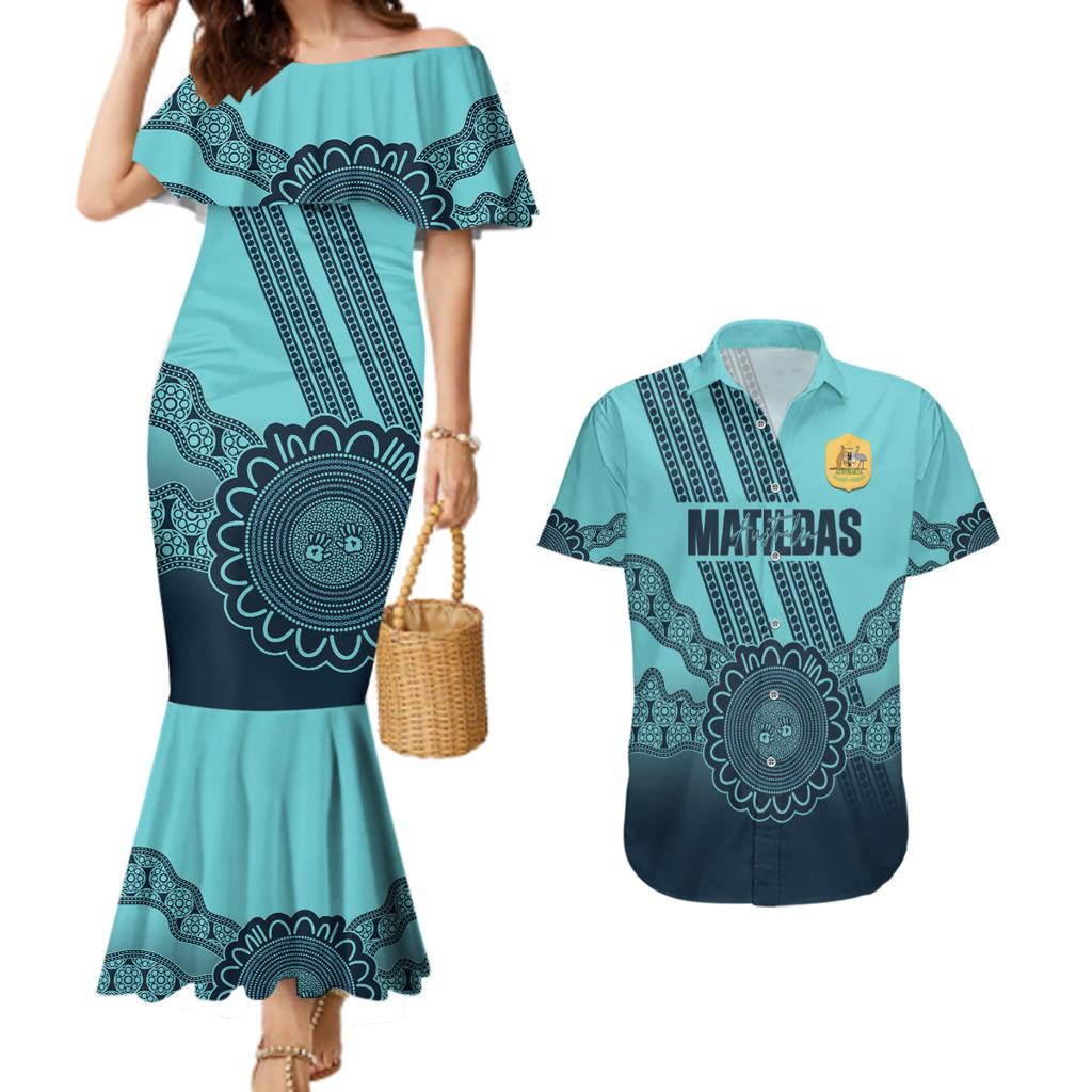 Custom Australia Matildas Couples Matching Mermaid Dress and Hawaiian Shirt Aussie Aboriginal Turquoise Version