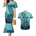 Custom Australia Matildas Couples Matching Mermaid Dress and Hawaiian Shirt Aussie Aboriginal Turquoise Version