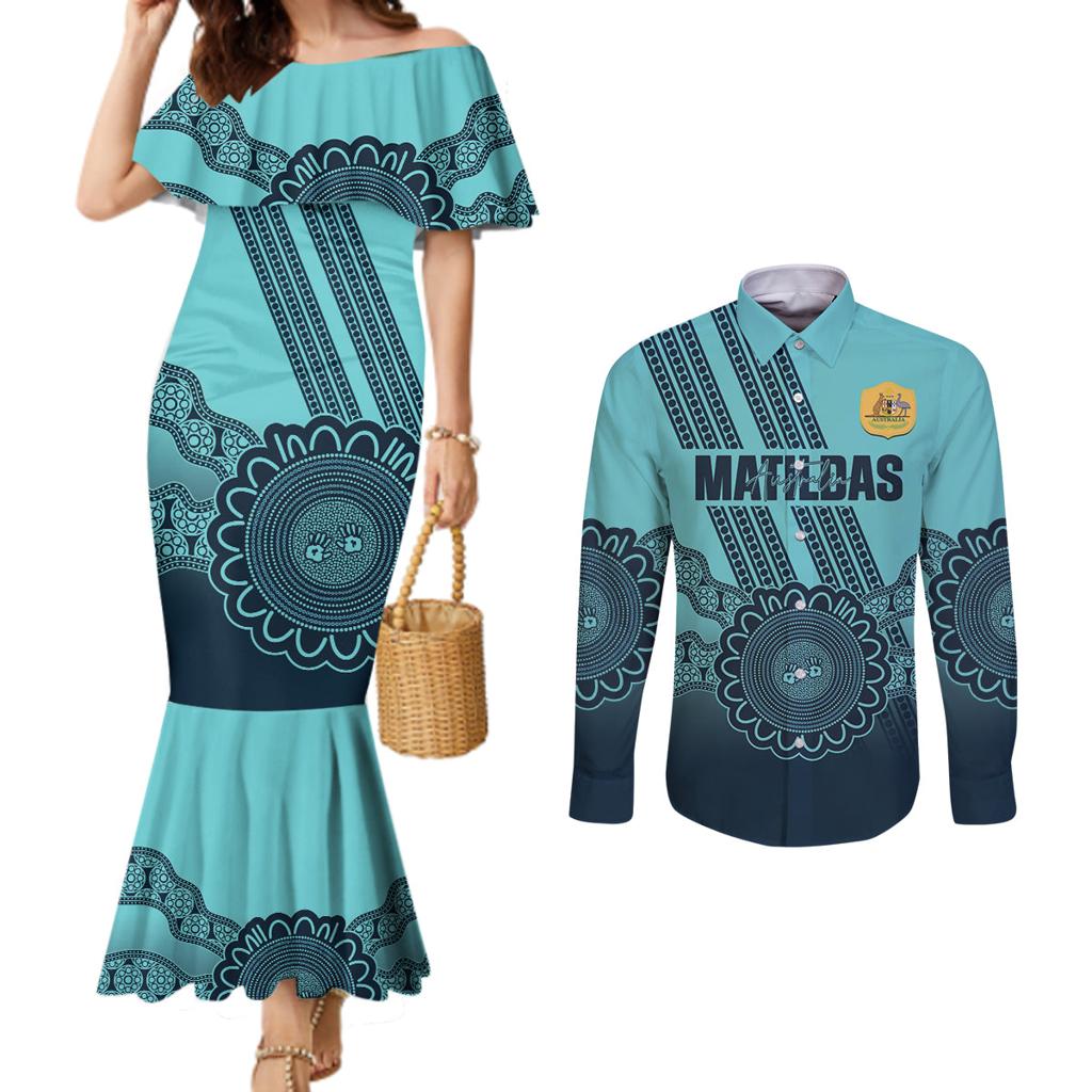 Custom Australia Matildas Couples Matching Mermaid Dress and Long Sleeve Button Shirt Aussie Aboriginal Turquoise Version