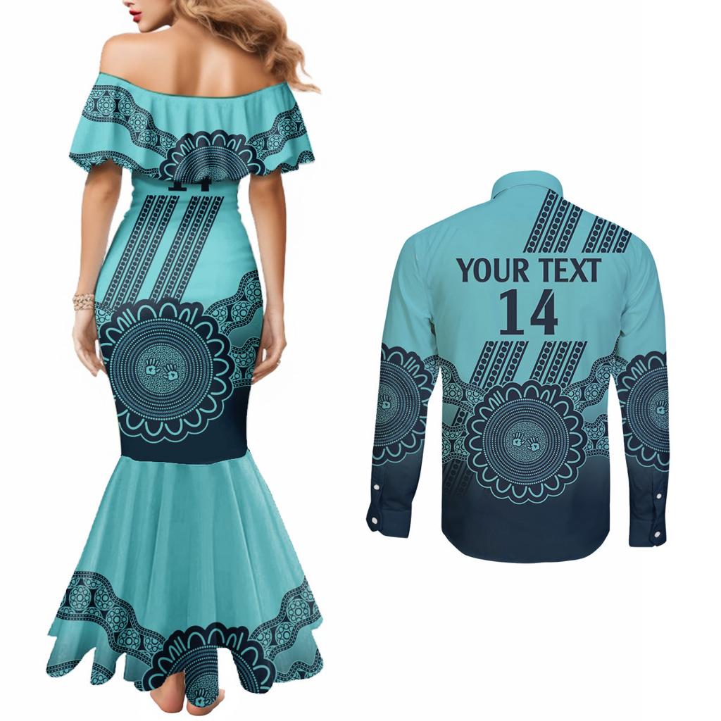 Custom Australia Matildas Couples Matching Mermaid Dress and Long Sleeve Button Shirt Aussie Aboriginal Turquoise Version