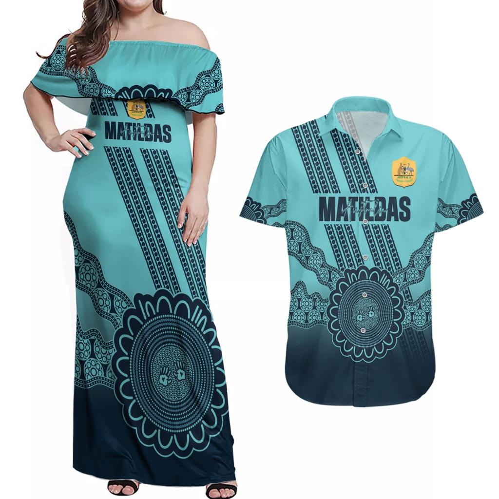 Custom Australia Matildas Couples Matching Off Shoulder Maxi Dress and Hawaiian Shirt Aussie Aboriginal Turquoise Version