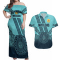 Custom Australia Matildas Couples Matching Off Shoulder Maxi Dress and Hawaiian Shirt Aussie Aboriginal Turquoise Version