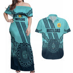 Custom Australia Matildas Couples Matching Off Shoulder Maxi Dress and Hawaiian Shirt Aussie Aboriginal Turquoise Version