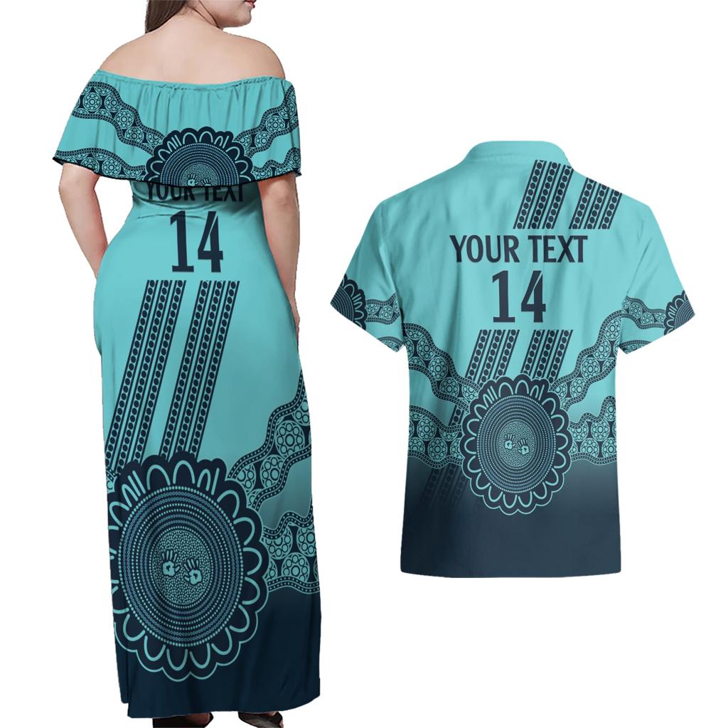 Custom Australia Matildas Couples Matching Off Shoulder Maxi Dress and Hawaiian Shirt Aussie Aboriginal Turquoise Version