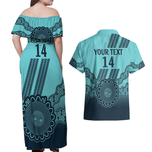 Custom Australia Matildas Couples Matching Off Shoulder Maxi Dress and Hawaiian Shirt Aussie Aboriginal Turquoise Version