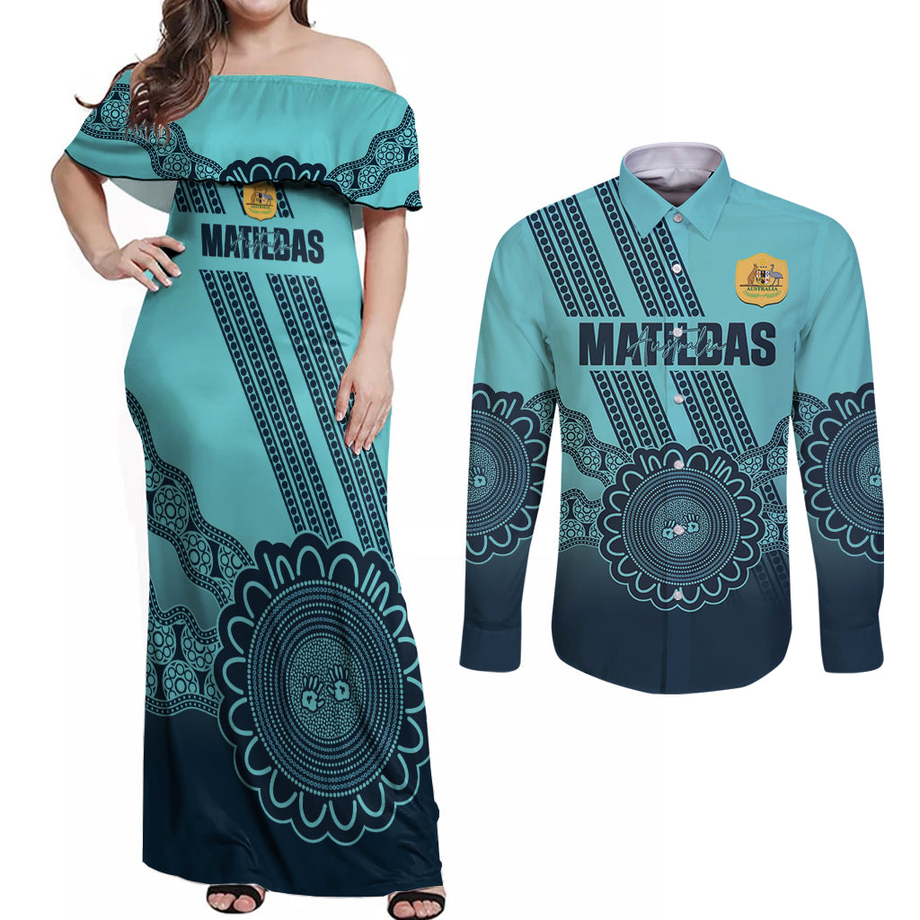 Custom Australia Matildas Couples Matching Off Shoulder Maxi Dress and Long Sleeve Button Shirt Aussie Aboriginal Turquoise Version