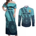 Custom Australia Matildas Couples Matching Off Shoulder Maxi Dress and Long Sleeve Button Shirt Aussie Aboriginal Turquoise Version